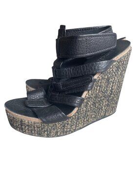 Pedro Garcia Taylin Texture Tweed Wedge Gladiator Leather Sandals Women's 38 7.5